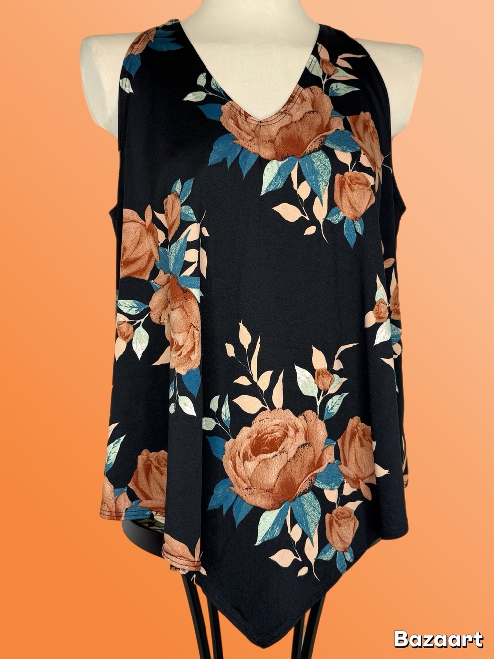 First Love Black Floral Handkerchief Hem Tank with Rust Rose Print halter XL